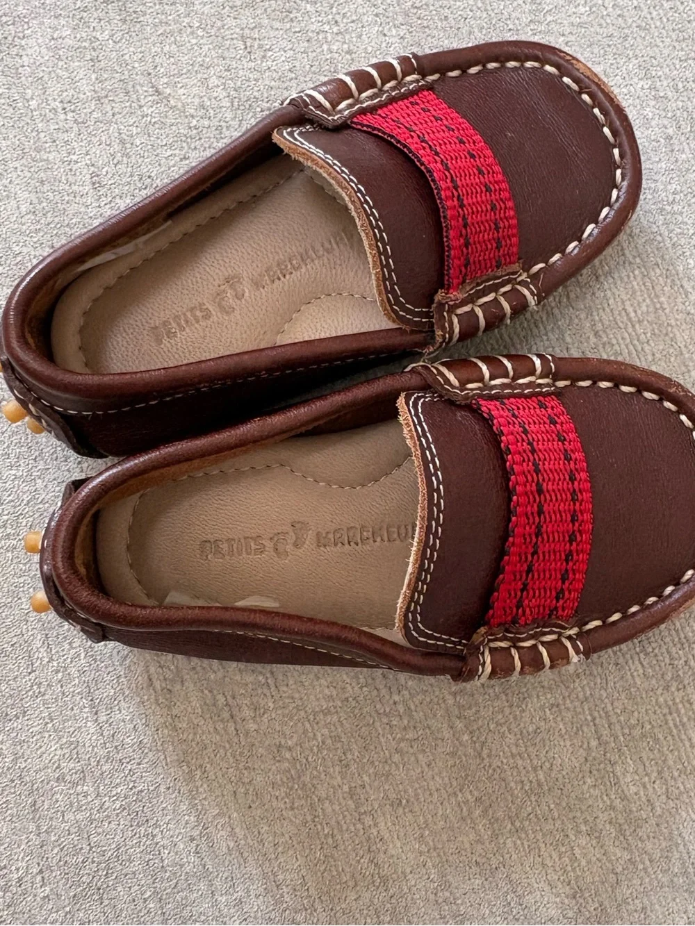 Petit elephantito leather baby boy striped ribbon loafer brown red US 5 EU20